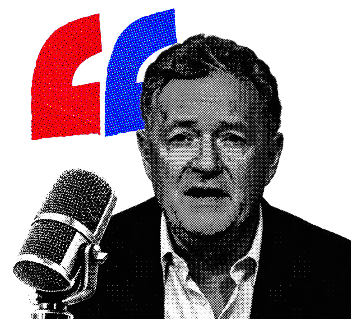 Piers Morgan with a microphone and red and blue quotation marks