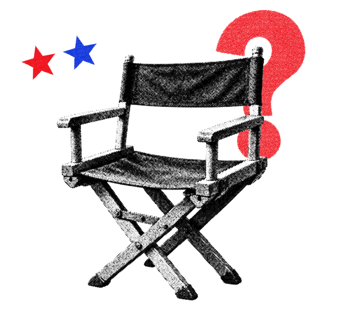 An empty director's chair with a red question mark and red and blue stars