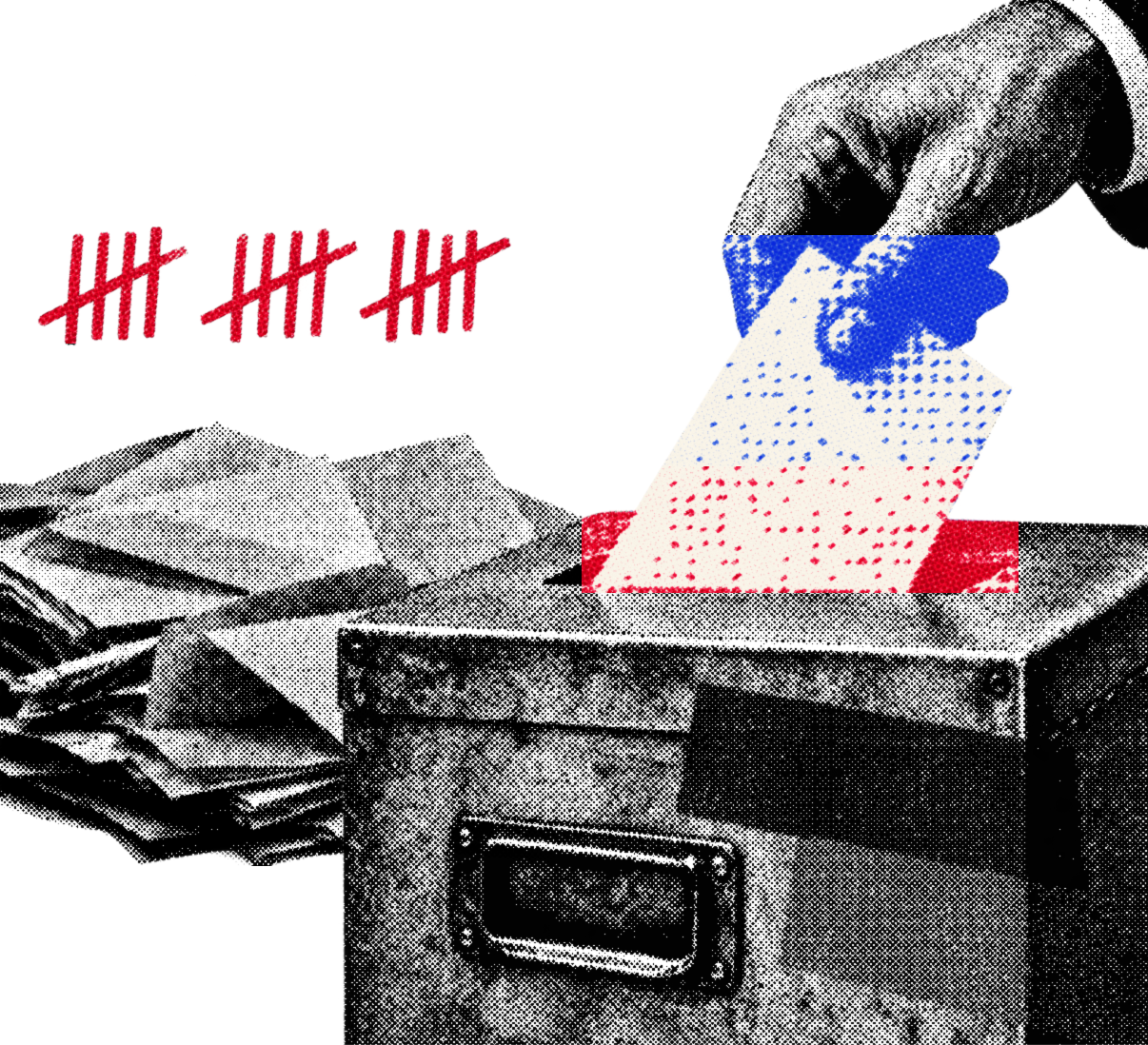 A ballot being placed in a box beside red tally marks